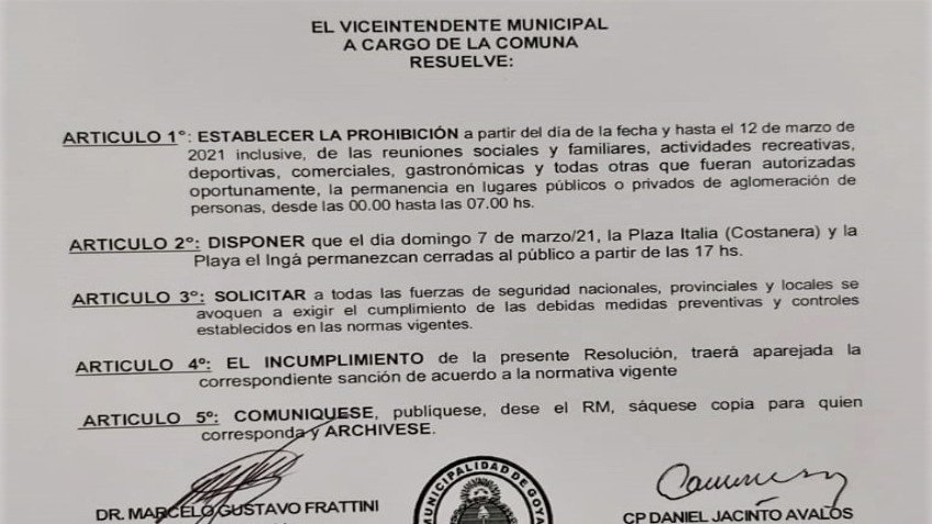 Resolución Nro 446 Municipalidad de Goya dispone nuevas medidas ante situación epidemiológica 