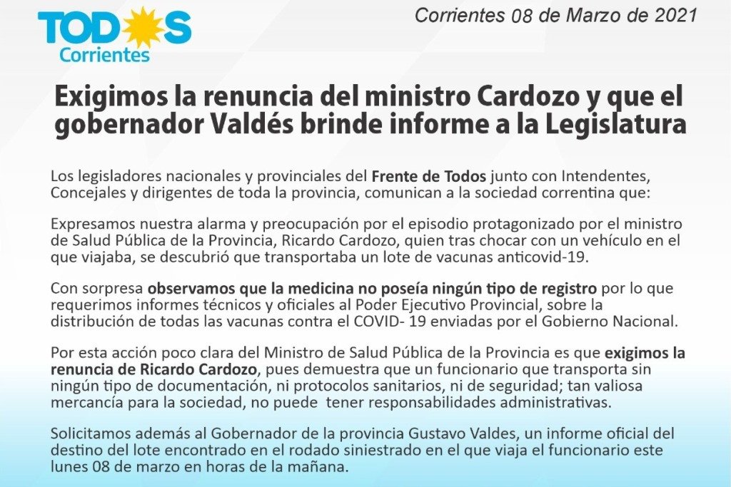 El Frente de Todos Corrientes pide informes sobre el accionar del Ministro de Salud